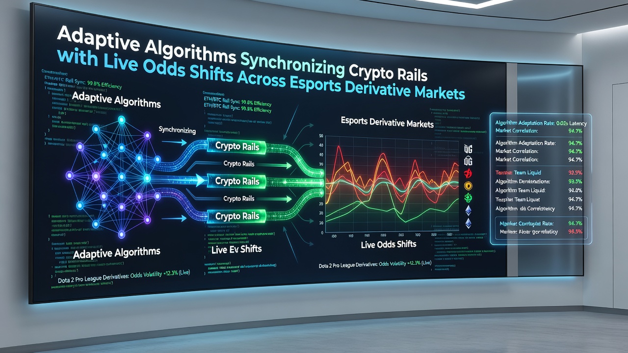 Darstellung der Synchronisation zwischen adaptiven Algorithmen, Krypto-Rails und Echtzeit-Quotenverschiebungen in Esports-Derivaten