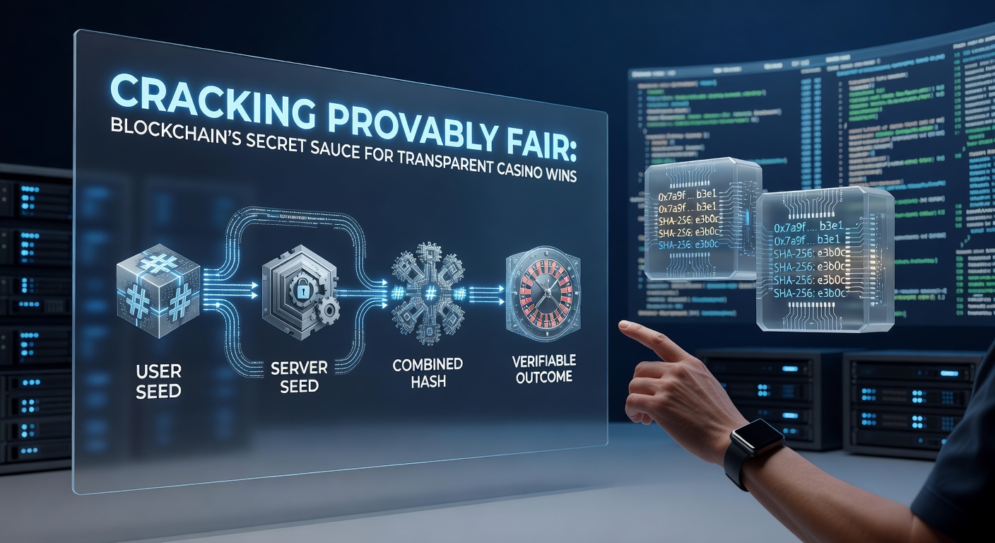 Detaillierte Illustration eines Provably-Fair-Prozesses mit Server-Seed, Client-Seed und Blockchain-Verifizierungsschritten