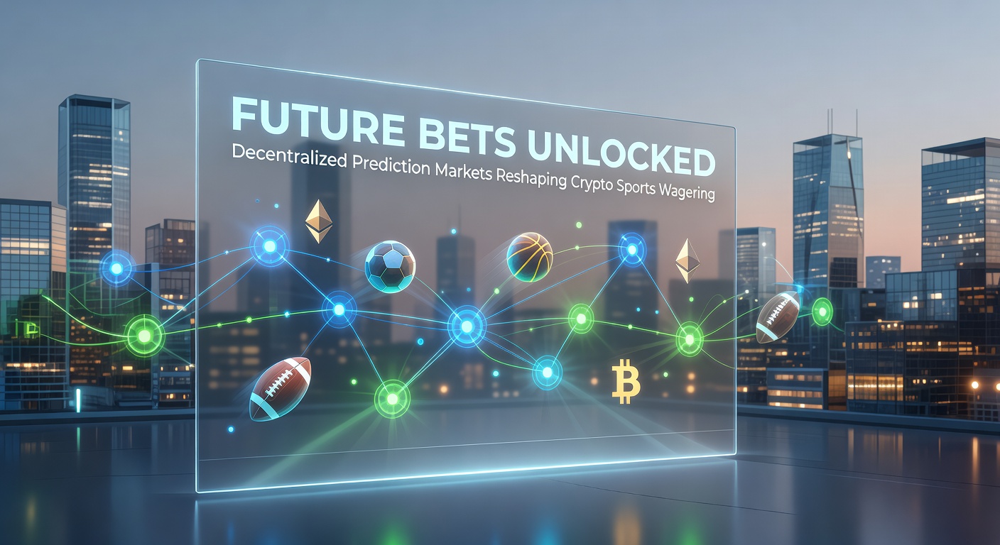 Grafik zeigt dezentrale Prediction Markets mit Blockchain-Elementen und Sportwetten-Symbolen wie Fußbällen und Wettscheinen