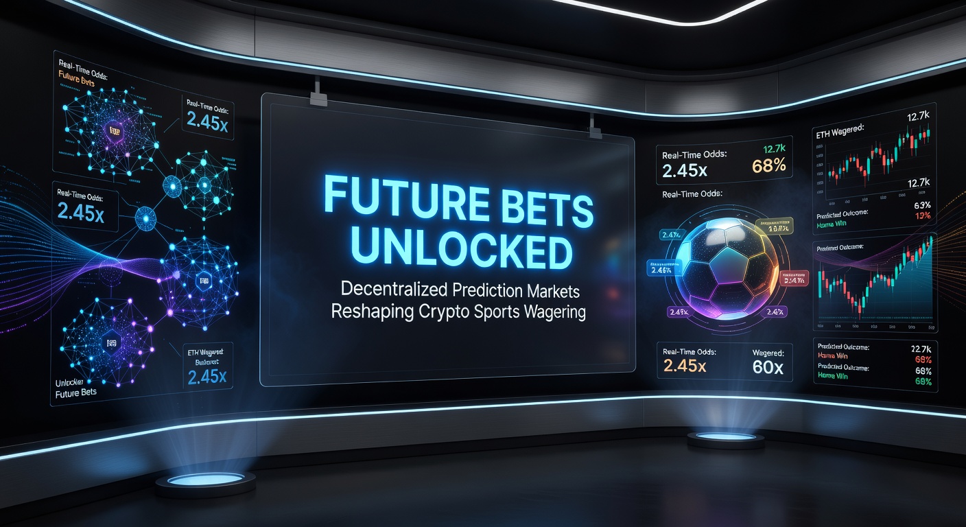 Darstellung eines dezentralen Marktplatzes mit Krypto-Wallets, Sportevents und steigenden Charts für Vorhersage-Aktien