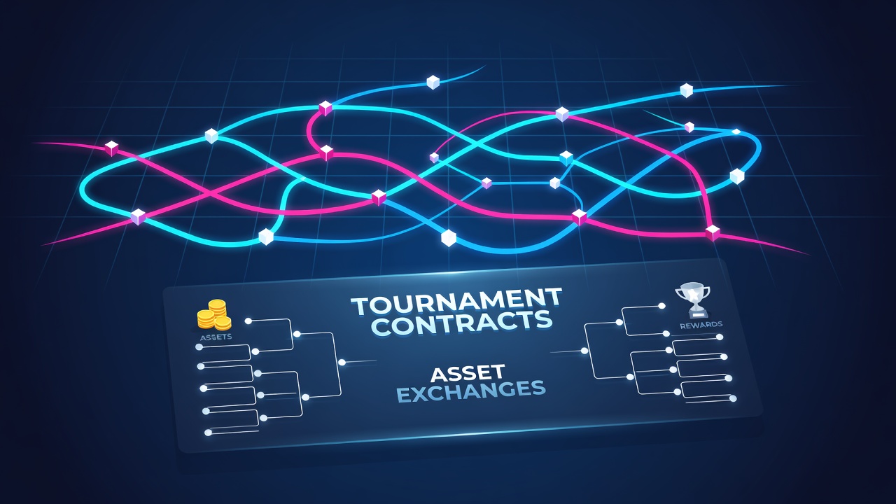 Illustration vernetzter Blockchain-Protokolle bei Asset-Austauschen in Turnierverträgen