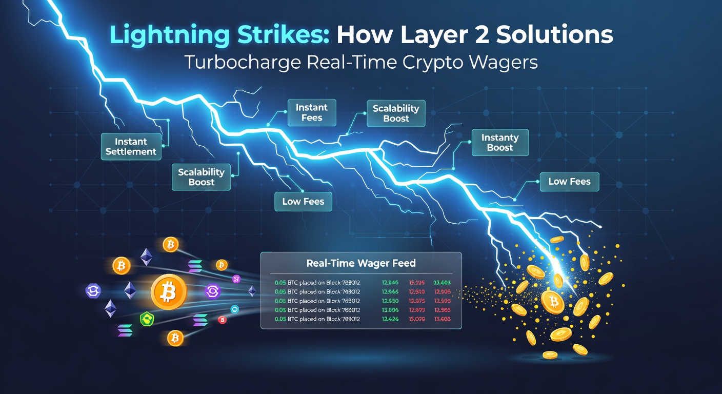 Schematische Darstellung eines Blitznetzwerks mit schnellen Transaktionen für Krypto-Wetten, das Layer-2-Skalierung visualisiert