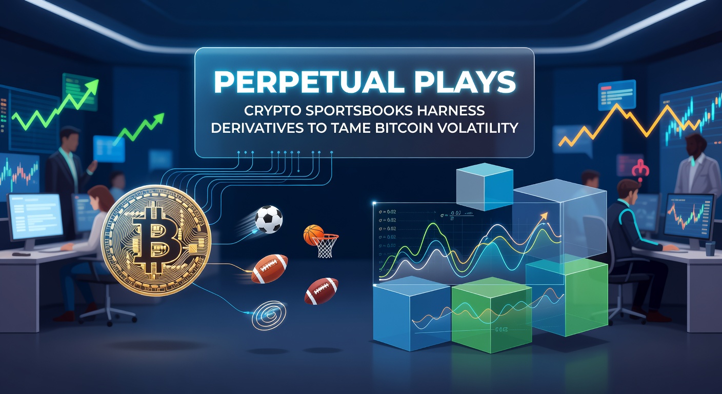 Grafik zeigt volatile Bitcoin-Kurve neben stabilen Perpetual-Kontrakten in einem Crypto-Sportsbook-Dashboard
