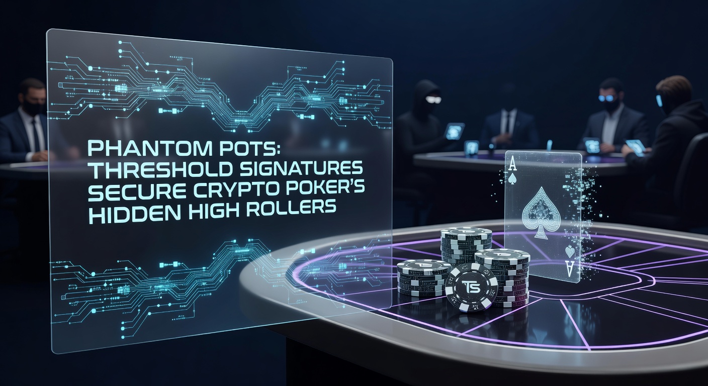 Grafische Illustration von Threshold-Signatur-Flüssen in einem Crypto-Poker-Netzwerk, mit verschlüsselten Pots und High-Roller-Avataren