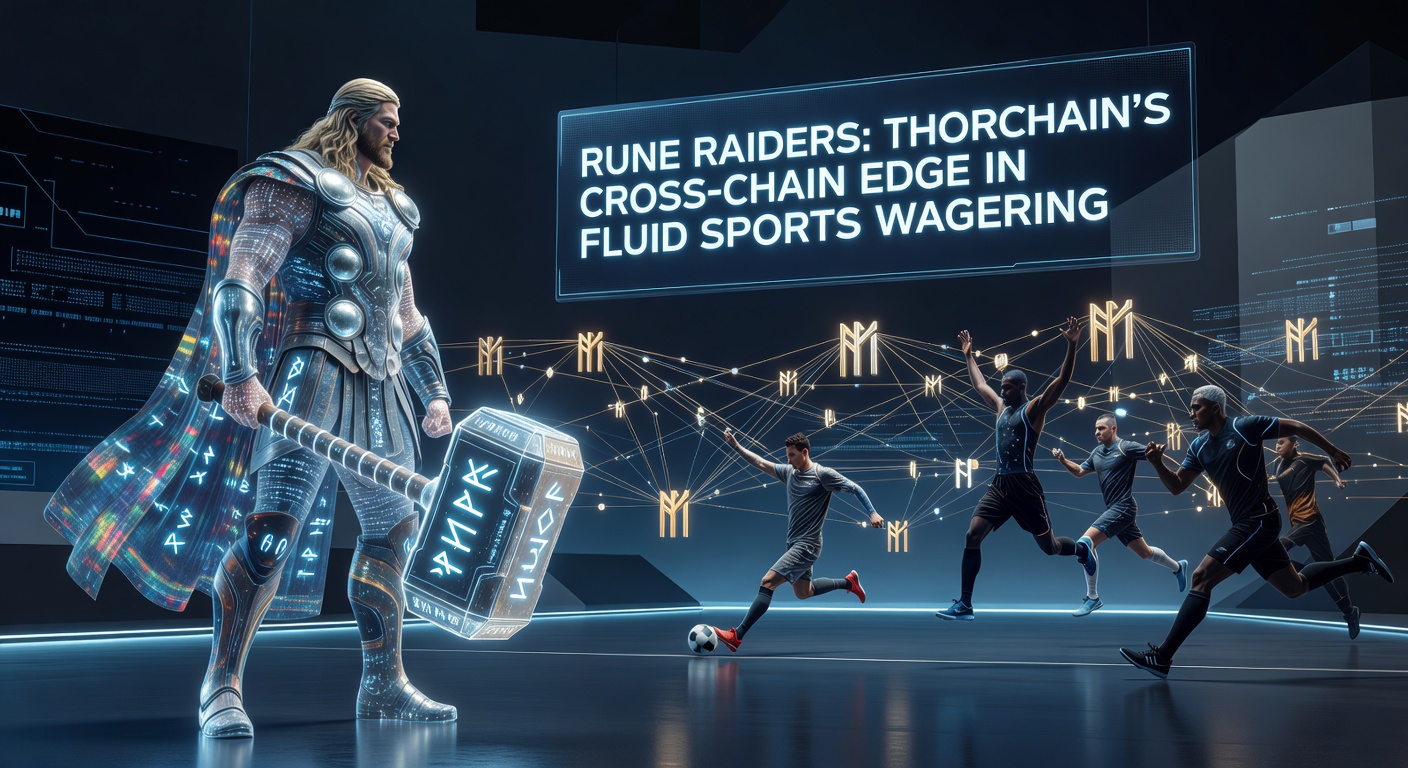 Visuelle Darstellung von THORChain-Netzwerk mit Rune Raiders-Integration für cross-chain Sportwetten, zeigt Liquidity-Pools und Blockchain-Verbindungen