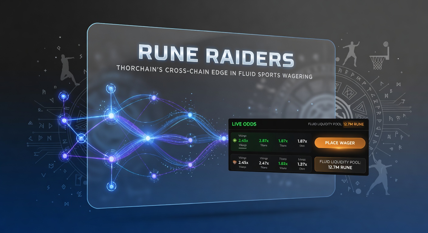 Detaillierte Infografik zu Rune Raiders Liquidity-Flows über THORChain, mit Beispielen für Sportwetten auf Fußball und Basketball