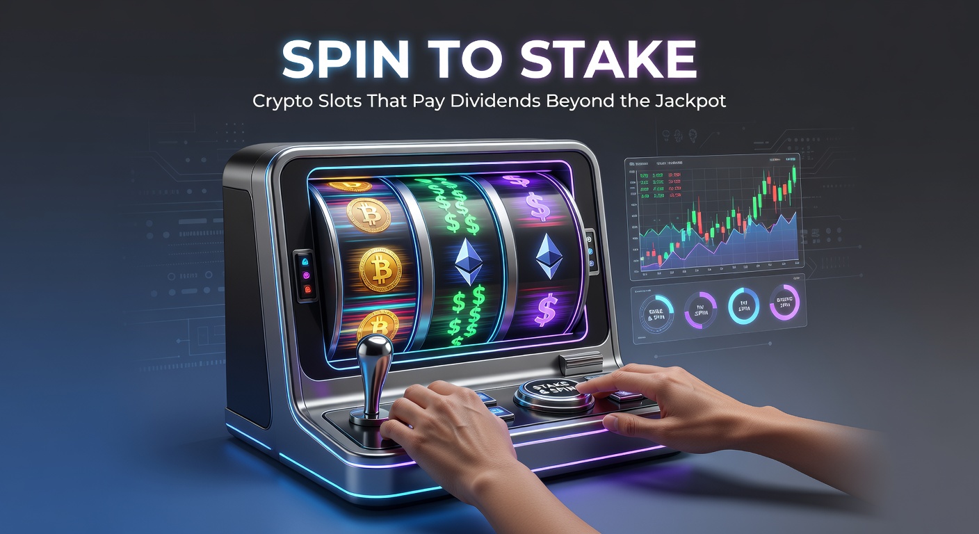 Drehende Slot-Walzen mit Krypto-Symbolen und Staking-Elementen, die Dividenden andeuten