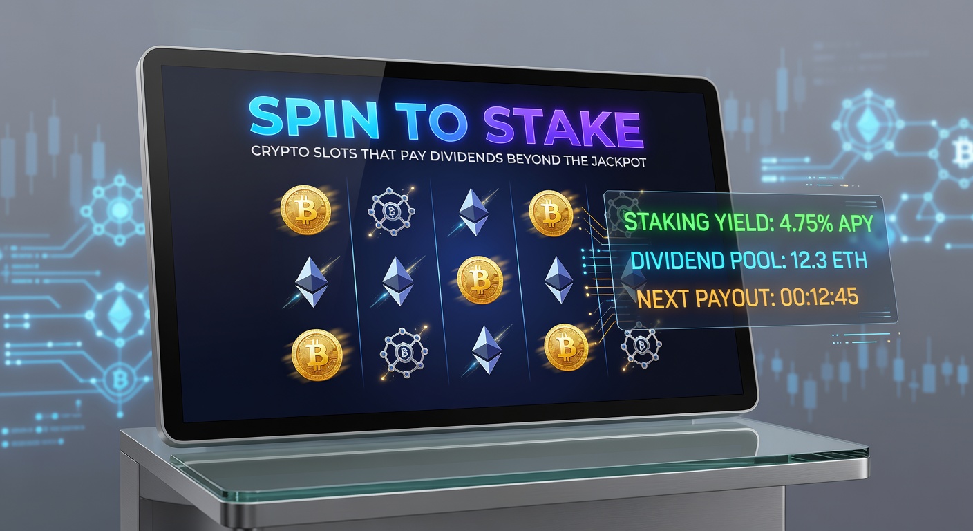 Grafik mit steigenden Dividenden-Kurven und Crypto-Slot-Screenshots, die Staking-Rewards visualisieren