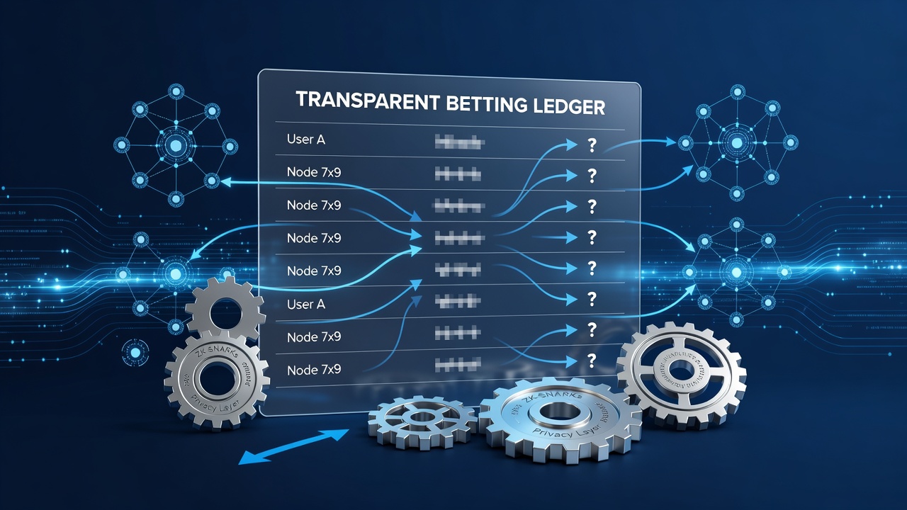 Darstellung eines transparenten verteilten Ledgers mit Zero-Knowledge-Maskierung von Stake-Größen in Echtzeit-Wettmärkten